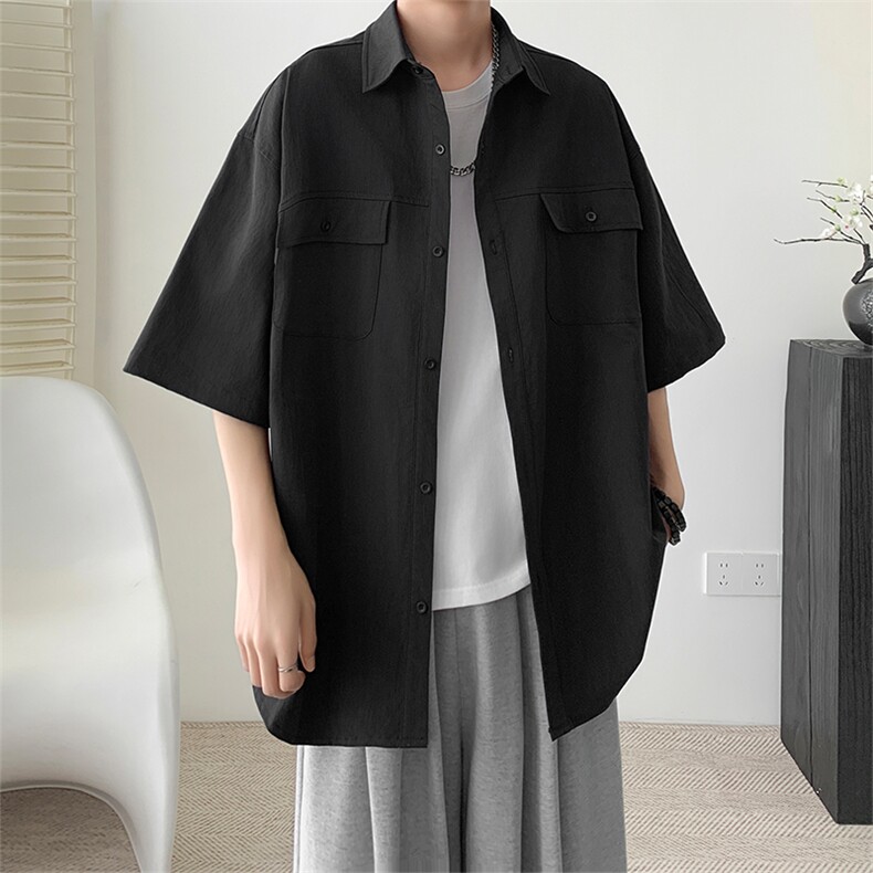 X2437-TP35控价58夏季开衫纽扣短袖男款纯色五分袖垂感翻领衬衣，男装T恤，电商A102-1