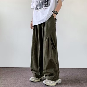 日系复古纯色宽松工装裤阔腿百搭设计感休闲长裤子男A8866-p48