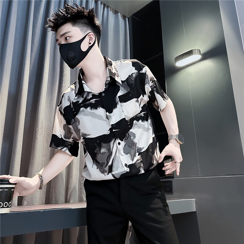301C-CS21-P58控78痞帅高级感衬衫男薄款短袖印花社会小伙店主风,男装衬衫,星座301C（原B323）