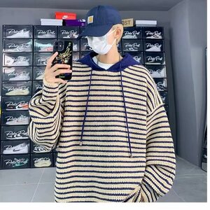条纹拼色连帽毛衣男秋冬季复古日系慵懒风宽松针织衫外套图片