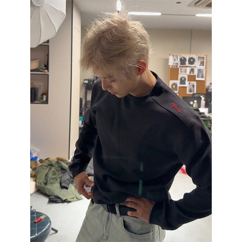 26春装硬挺boxy男女美式高街蜂窝华夫格刺绣圆领长袖卫衣打底衫,男装T恤,电商A486