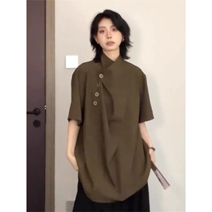 新中式风短袖衬衫不规则小众高级感垂感冰丝衬衣 CS7789 P45图片