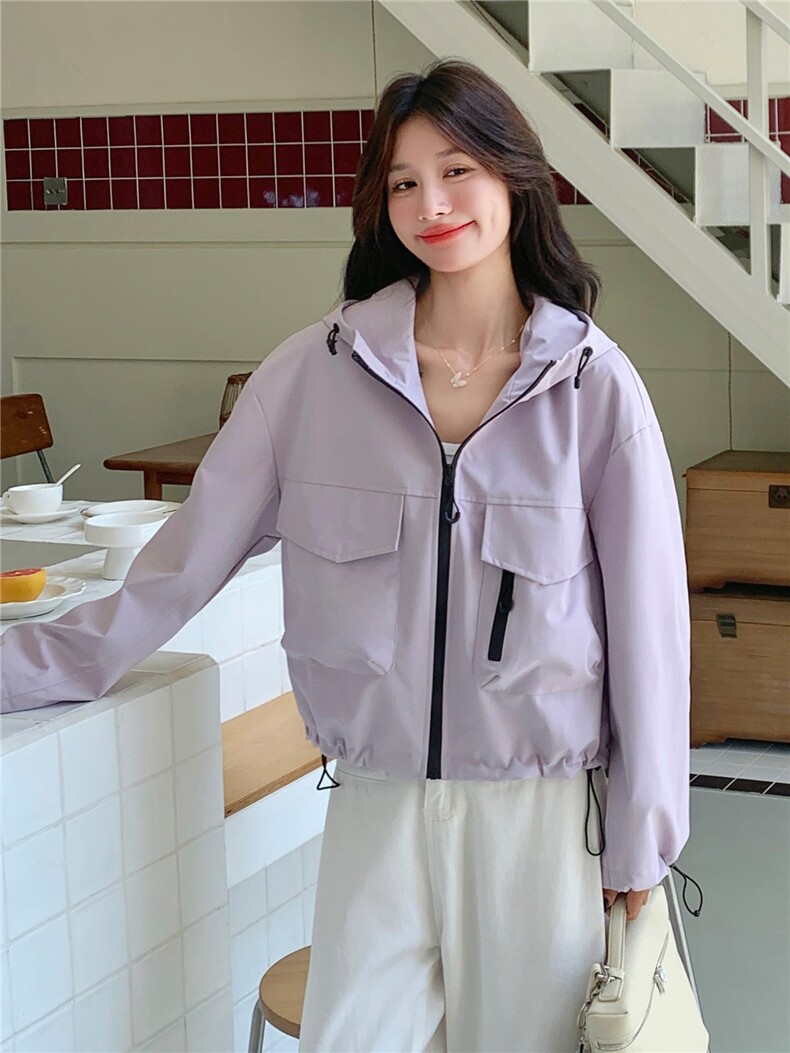紫色韩系超好看抽绳工装外套女2025秋季新款小个子减龄休闲冲锋衣,女装短外套,2C306