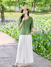 时尚洋气刺绣棉麻套装女2026夏季新款宽松遮肉显瘦阔腿裤两件套，女装套装/套裙，魅影