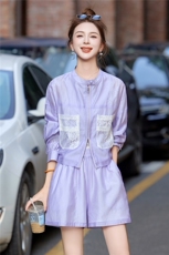 夏季时尚轻薄防晒套装女2025新款宽松休闲长袖立领衬衫短裤两件套，女装套装/套裙，尚娜萱