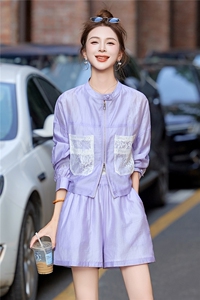 夏季时尚轻薄防晒套装女2025新款宽松休闲长袖立领衬衫短裤两件套图片