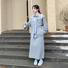 慵懒松弛感蓝色披肩衬衫套装裙女2025春季新款学院风半身裙两件套，女装套装/套裙，2C108