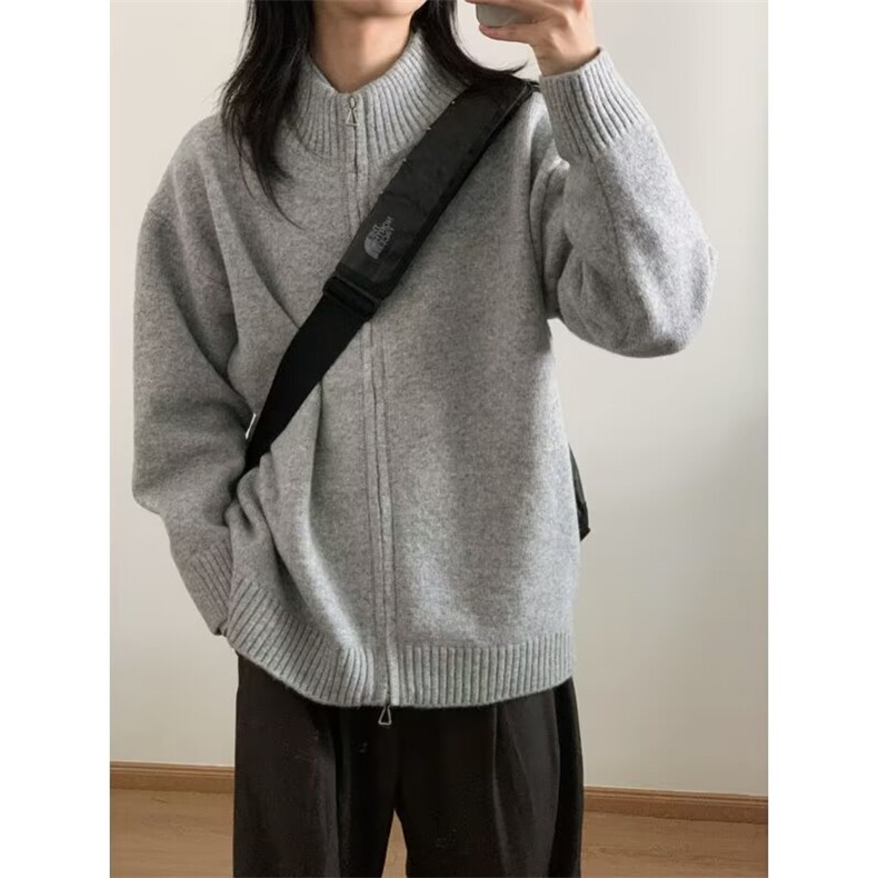 秋冬韩系双拉链针织外套男长袖休闲宽松简约立领针织开衫情侣毛衣，男装针织衫/毛衣，星座506A