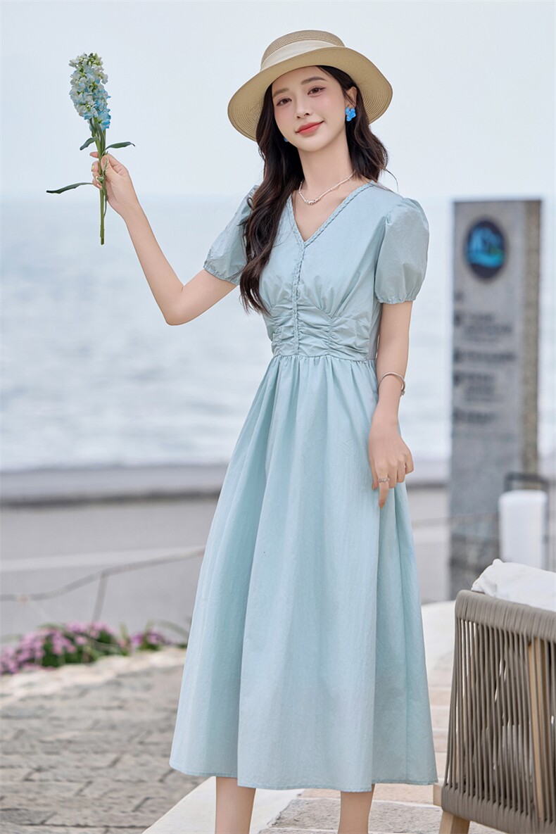 法式盐系时尚气质长裙女2024夏季款高级感显瘦泡泡袖褶V领连衣裙,商品下架区,贝蕾酷儿