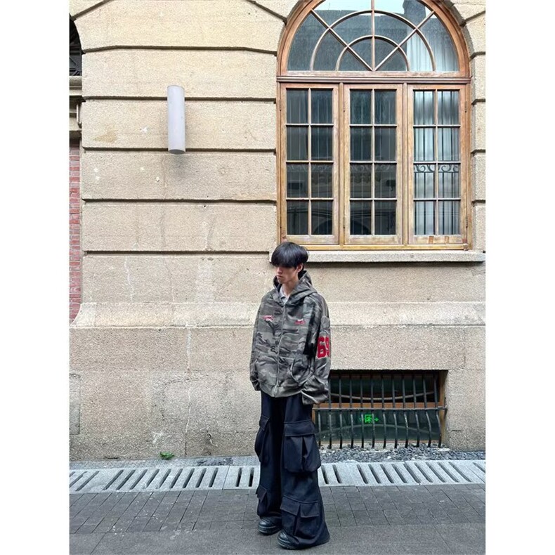 美式复古水洗迷彩刺绣连帽卫衣外套男秋冬季宽松休闲帽衫夹克,男装夹克,星座506A