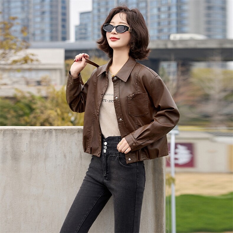 2025春秋季新款皮衣外套女pu皮翻领短款上衣拉链高级感机车服夹克,女装皮衣,美拉德工厂直营店