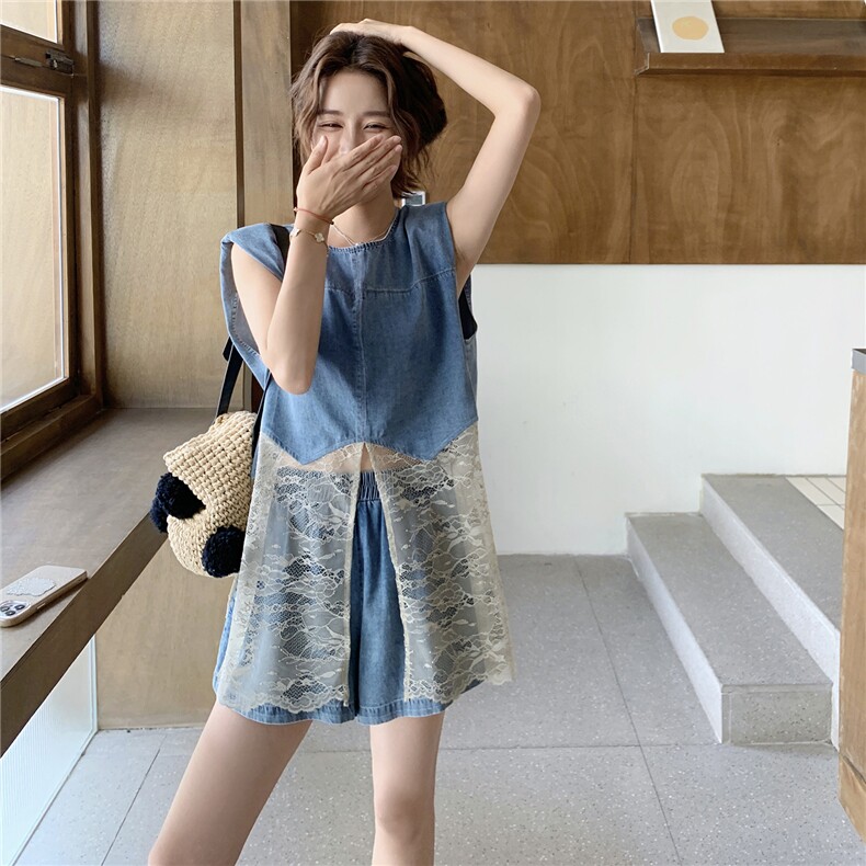 设计感蕾丝拼接牛仔背心套装女2025夏季新款小个子阔腿短裤两件套,女装套装/套裙,维壹