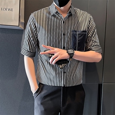 2025新款夏季衬衫男短袖潮牌帅气条纹中袖衬衣A313-1-W402-P58，男装T恤，电商A313-1