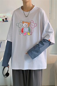 中性秋季潮流印花全棉百搭打底衫假两件长袖T恤  T152 P35控48图片