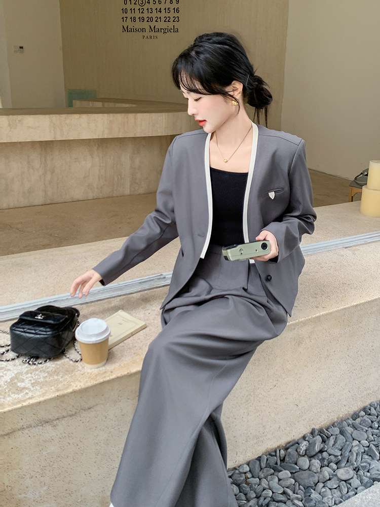 高级感灰色西装套装女2025春季新款干练气质短外套阔腿裤两件套潮,女装套装/套裙,新思路