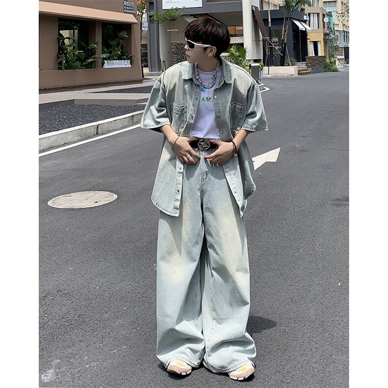 韩系小众短袖牛仔衬衫套装男夏季宽松休闲潮牌衬衣外套TZ030-P100,男装休闲套装,星座308B-2