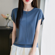 2025夏季圆领短袖女士薄款透气针织T恤衫显瘦时尚洋气小飞袖半袖，女装T恤，暖烁特种纱工厂店