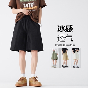 简约纯色冰丝透气短裤男夏季美式复古潮牌宽松休闲五分裤百搭裤子图片
