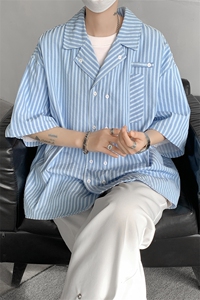 春夏英伦学院风青春男大竖条纹短袖衬衫翻领外套 口袋设计短袖P40图片