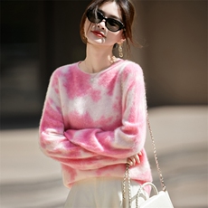 2025秋冬百搭时尚简约圆领拼色潮流针织衫，女装针织衫/毛衣，昭美羊绒