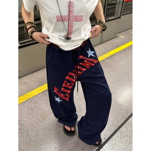 复古双腰头字母印花运动卫裤男女慵懒宽松阔腿休闲裤 KB3091图片