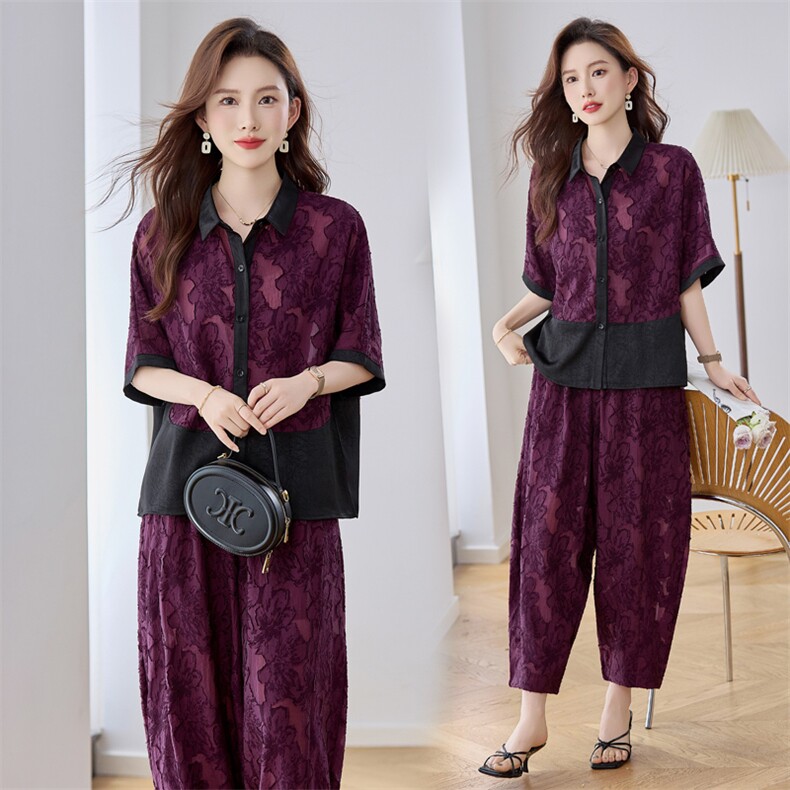 轻奢中年妈妈气质套装女2025年夏装拼色短袖上衣萝卜阔腿裤两件套，女装套装/套裙，缘衣格