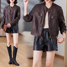现货春秋宽松短款小个子机车PU美拉德美式复古皮衣外套女皮夹克，女装皮衣，跑量工厂店
