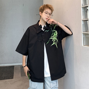 2026夏装潮男新中式印花盘扣短袖五分袖衬衫 CS780/特P35 黑色5图片