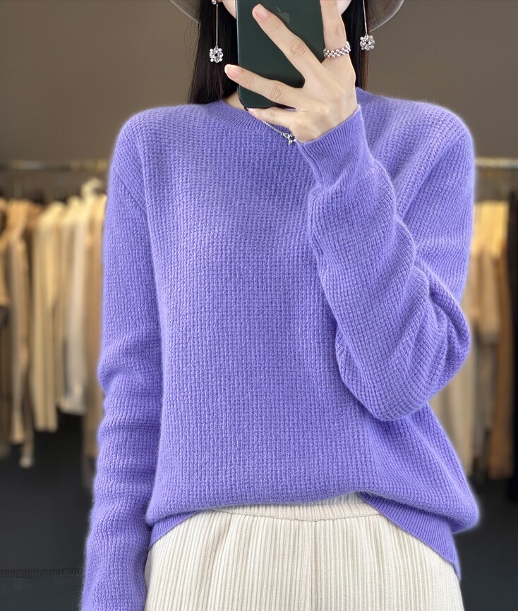 羊毛衫女圆领桂花针纯色长袖毛衣宽松打底衫上衣,女装羊毛衫,犀桦羊绒
