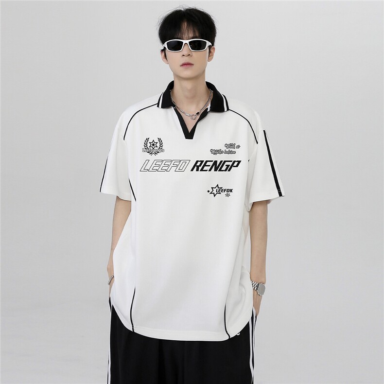 v领高级百搭潮牌舒适学生拼接美式滚条短袖T恤上衣T298-P38，男装Polo衫，电商C307