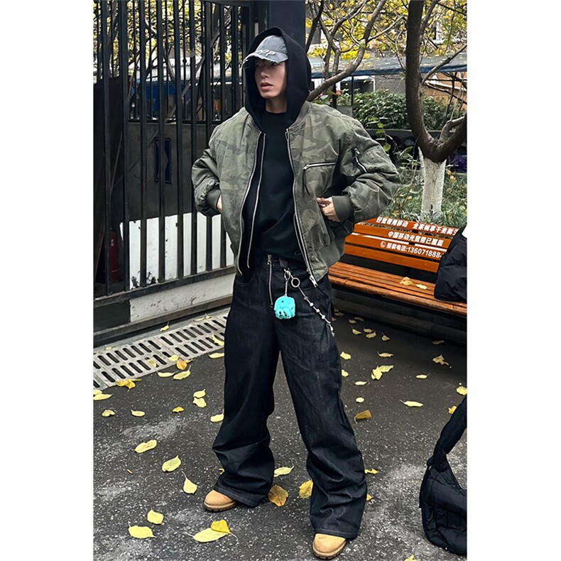 迷彩假两件连帽棉服男冬季美式高街飞行员棉衣外套潮牌短款棒球服,男装夹克,星座506A