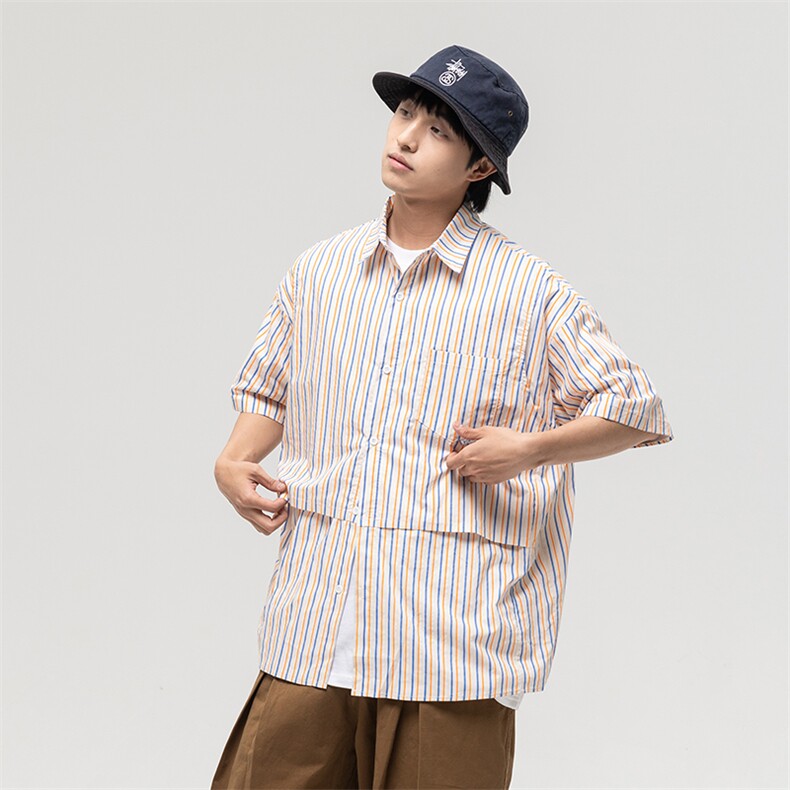 南夏乔装2025夏季新款拼色竖条纹翻领短袖衬衫日系复古宽松半袖男,男装T恤,电商S006（B521）