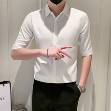 店主风社会小伙男士纯色中袖衬衫男休闲修身衬衣301A-1/CS385/P55，男装衬衫，星座301A-1