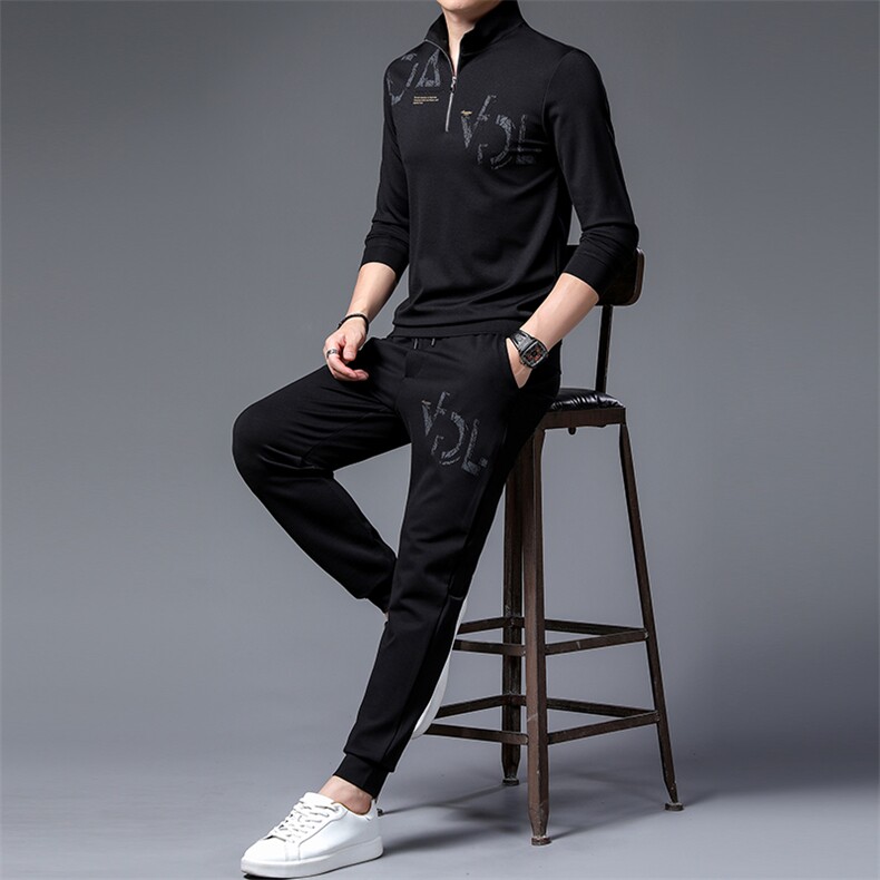 运动套装男秋季中年男士休闲印花长袖T恤裤子两件套ZLT8219-P155，男装休闲套装，电商B212（原钱塘6029）