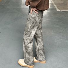 美式高街vibe风迷彩扎染皮裤情侣款直筒微喇裤XZ610A-1-K822-P65，男装皮裤，星座610A-1