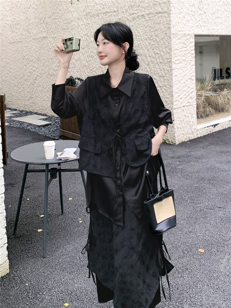 现货2D078-T1933-T175K258酷飒风设计感假两件衬衫+半裙2件套,女装套装/套裙,2D078