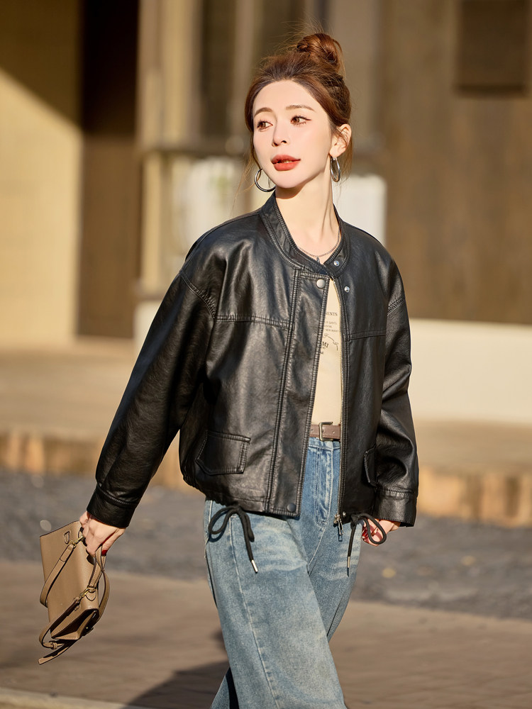 皮衣外套女秋秋2025新款小个子短款宽松时尚休闲PU皮夹克圆领上衣,女装皮衣,简古