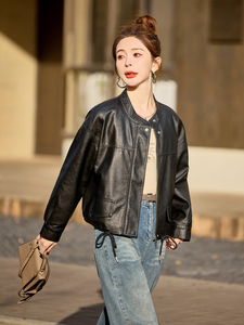 皮衣外套女秋秋2025新款小个子短款宽松时尚休闲PU皮夹克圆领上衣图片