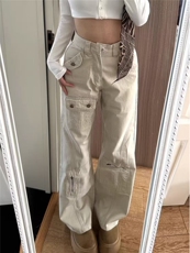 美式杏色多口袋设计感牛仔裤女高腰宽松阔腿微喇工装裤LS6966-P50，男装牛仔裤，星座1008