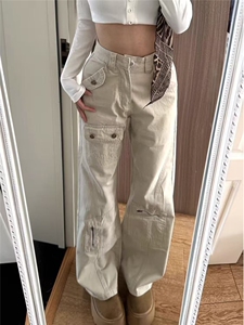 美式杏色多口袋设计感牛仔裤女高腰宽松阔腿微喇工装裤LS6966-P50图片
