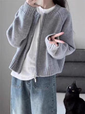 秋冬新款纯色圆领拉链开衫时尚百搭，女装针织衫/毛衣，冀清阳荣