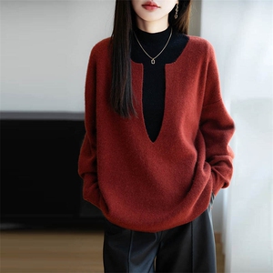 法式设计感酒红灰色v领纯羊毛针织毛衣女25新款宽松保暖长袖上衣图片