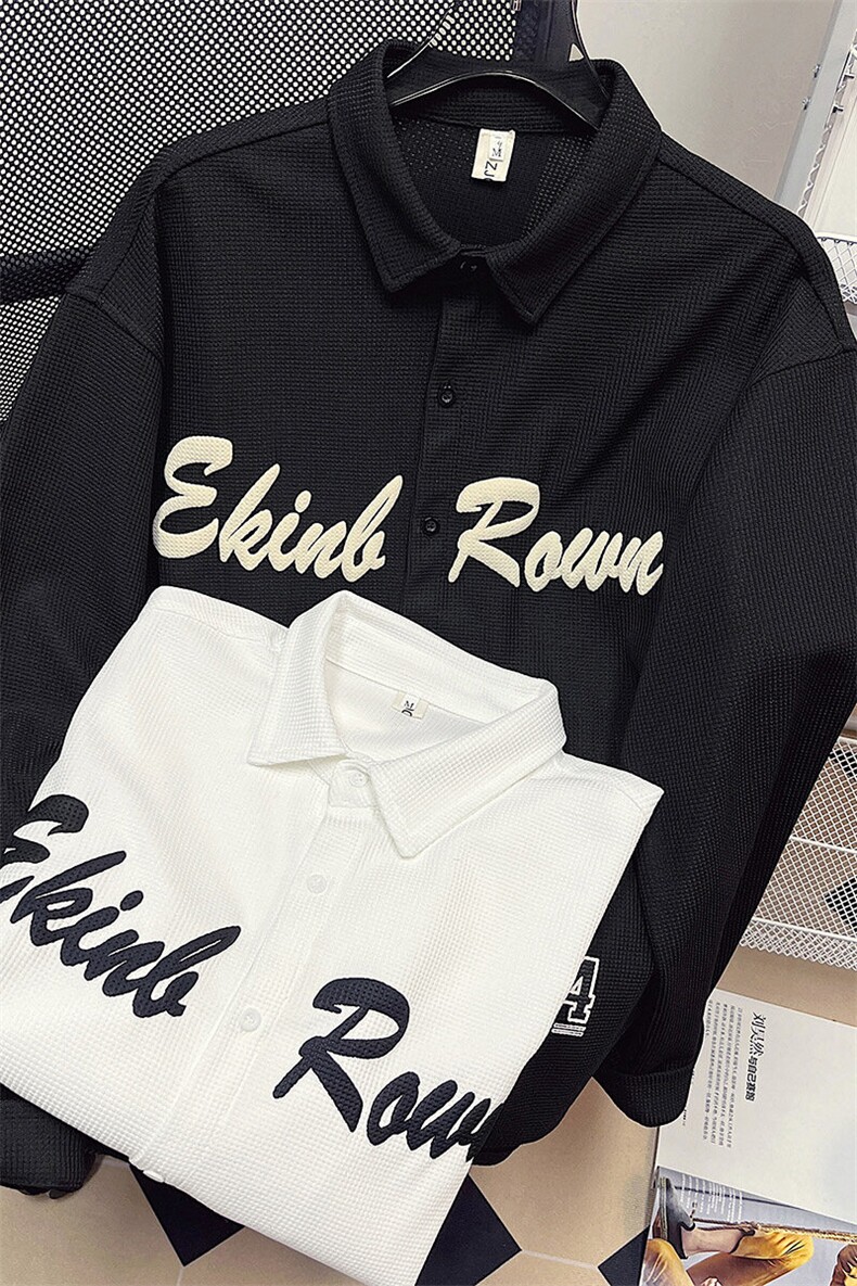 中性风华夫格七分袖衬衫女大码M-5XL港风情侣长袖衬衫CCS8010P45,男装衬衫,星座227-7