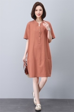亚麻连衣裙女短袖2025夏季新款宽松休闲妈妈显瘦遮肉中长棉麻裙子，女装连衣裙，悦见她