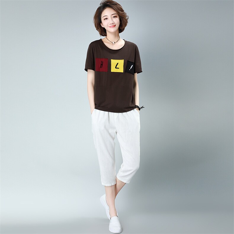2021短袖纯色T恤配休闲裤七分裤套装,女装套装/套裙,涵誉