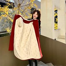 红色针织连帽毛呢羽绒服女冬超火好看高级感保暖加厚中长大衣外套，女装羽绒服，2C010