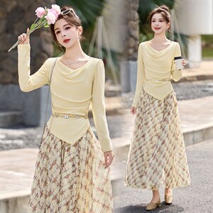 现货现货网纱格子半身裙女收腰2026春装新款超火穿搭一整套裙，女装套装/套裙，伊仟回