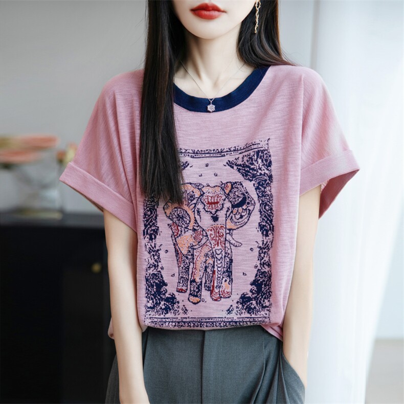 夏季新款竹节麻拼色圆领大象印染短袖百搭显瘦上衣时尚休闲T恤,女装T恤,贵皇网供仓