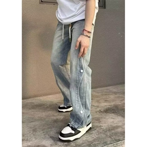 美式牛仔裤男生垂感阔腿宽松高街潮牌拼接解构休闲长裤子 N785图片