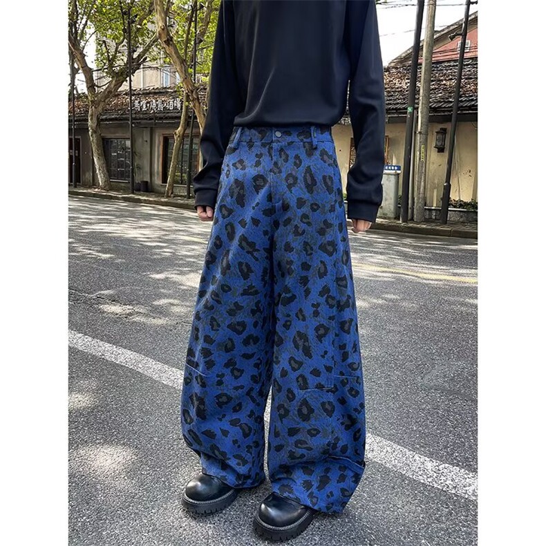 美式豹纹弯刀牛仔裤男女微喇小众2025秋季高街宽松显瘦休闲阔腿裤,男装牛仔裤,四季星座505